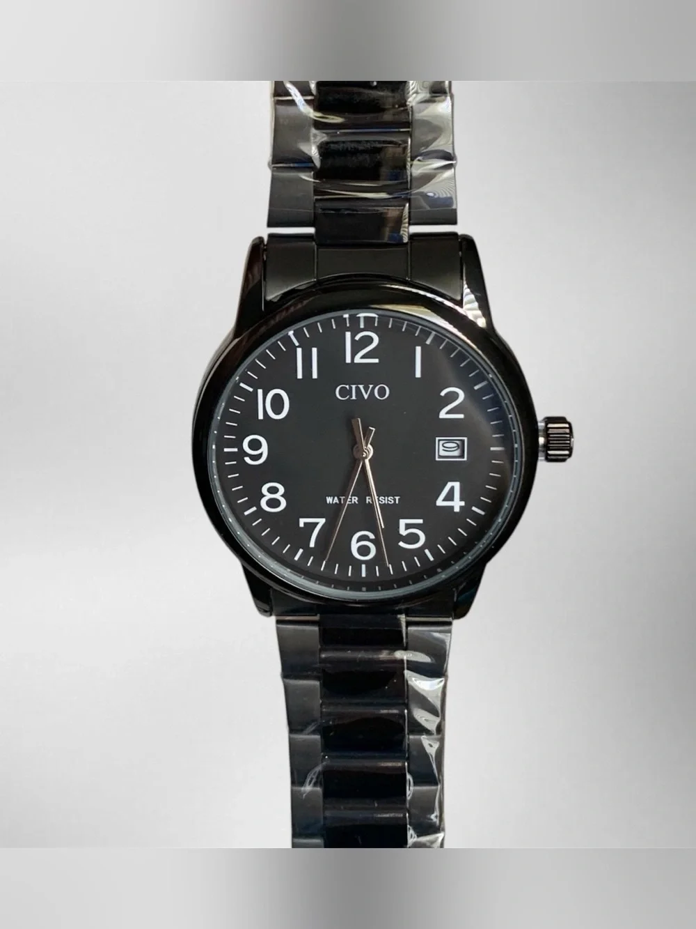 CIVO 8348 Black Dial Quartz Watch Date Stainless Steel Bracelet